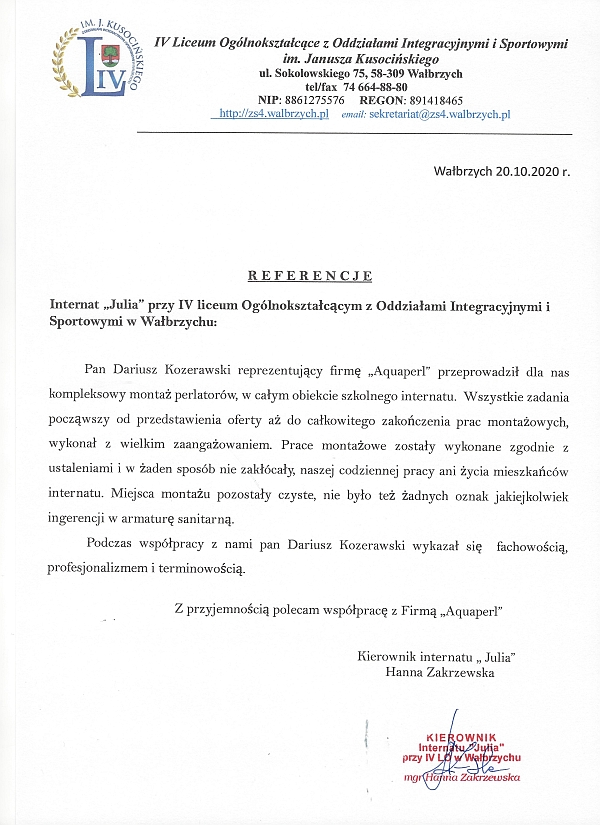 perlatory rekomendacja internat Julia aquaperl.pl