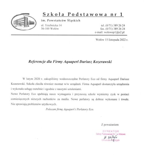 perlatory rekomendacja Szkoła Podstawowa nr 1 w Wołowie aquaperl.pl