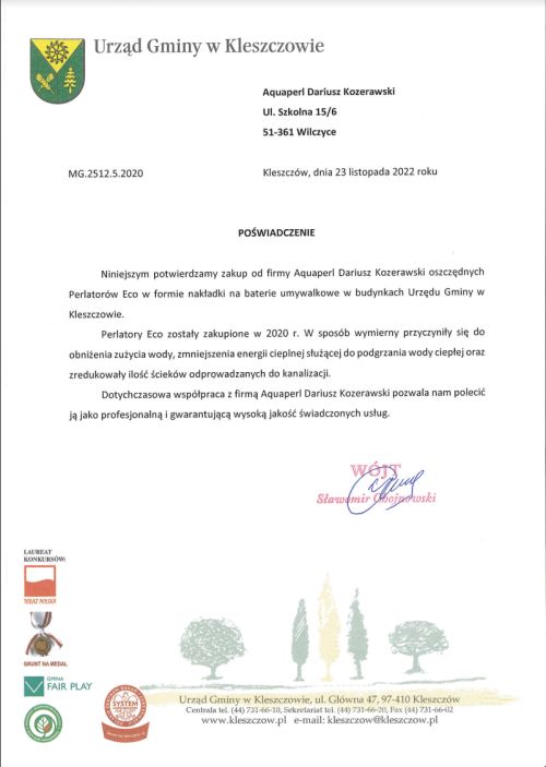 perlatory rekomendacja Urząd Gminy w Kleszczowie aquaperl.pl